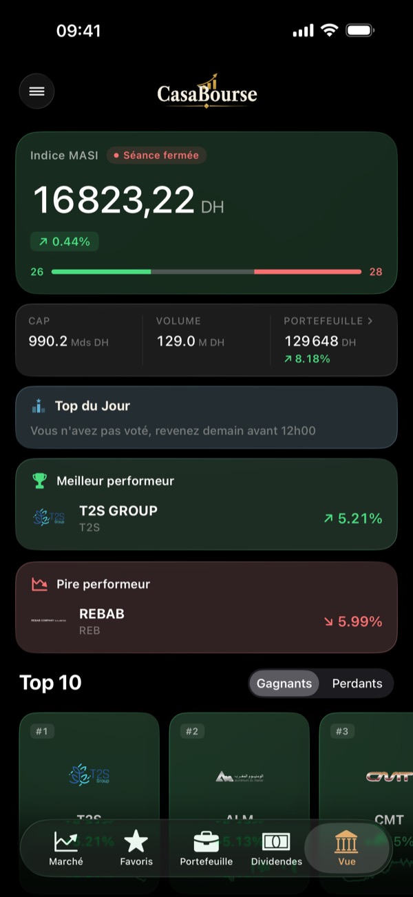 Le MASI et le Top 10 dans l'application CasaBourse